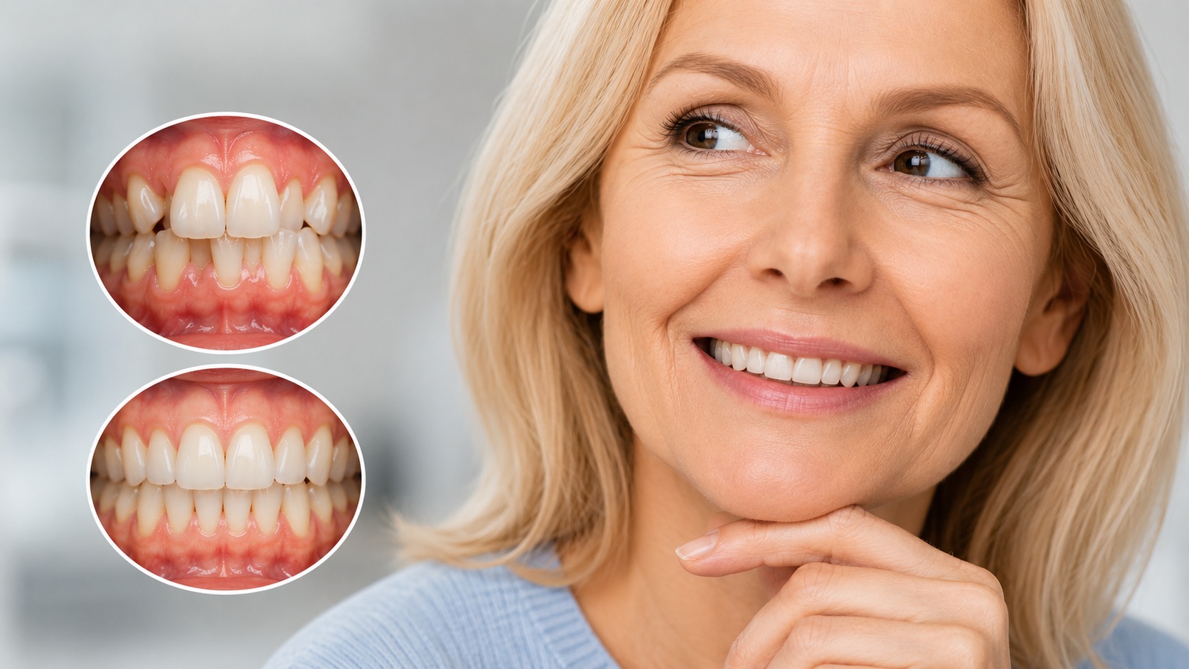 Smiling middle-aged woman with comparison of straight and crowded teeth showing age-related tooth movement.