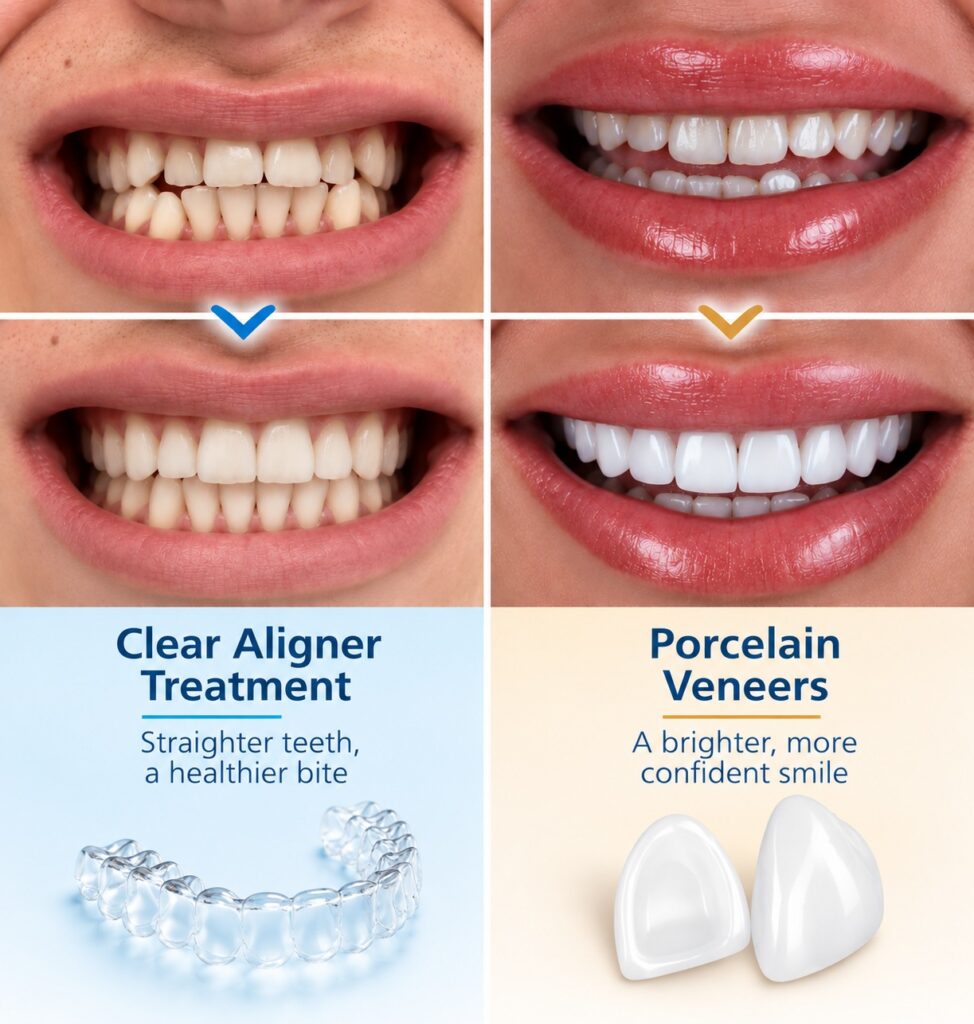 Clear aligner treatment vs porcelain veneers showing differences in tooth alignment and cosmetic smile enhancement.