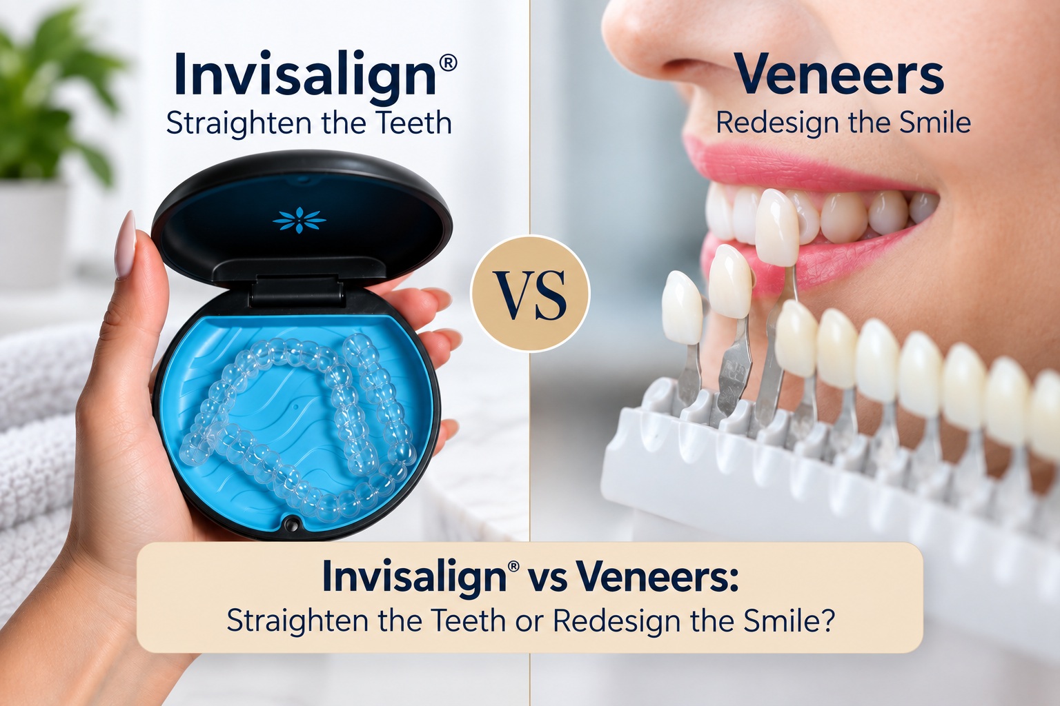 Invisalign® clear aligners vs porcelain veneers for straightening teeth or redesigning the appearance of a smile.